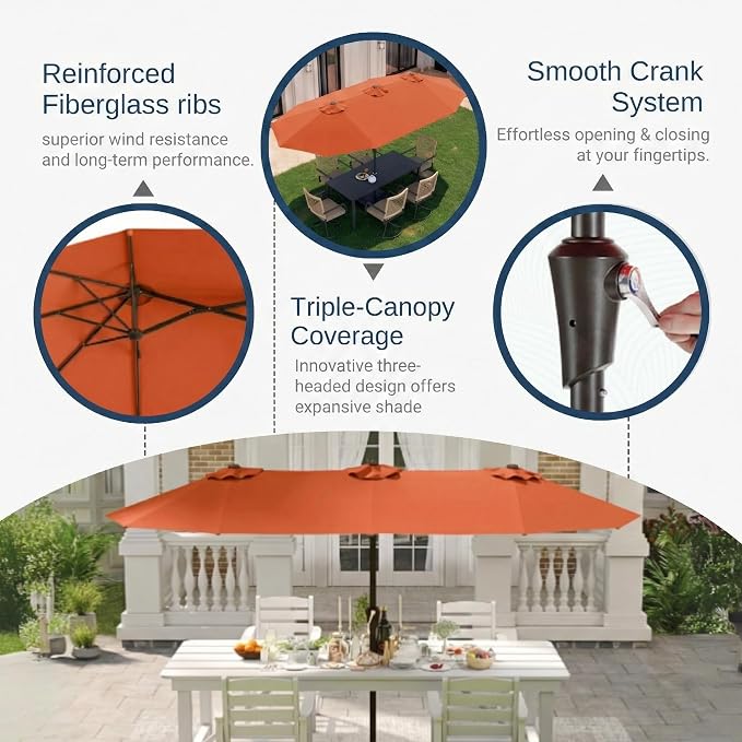 15FT Large Patio Umbrella with Base Included, Double Sided Outdoor Market Umbrella with Flexible Fiberglass Ribs, UV-Blocking Extra Large Umbrella for Garden, Pool, Deck, Terracotta
