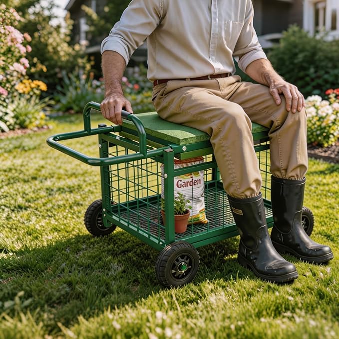 Extra-Large Rolling Garden Cart and Kneeler, 4-in-1 Garden Seat with Wheels | Heavy Duty Gardenning Cart with Seat and Kneeler, Rolling Stools with Wheels for Seniors Gardening