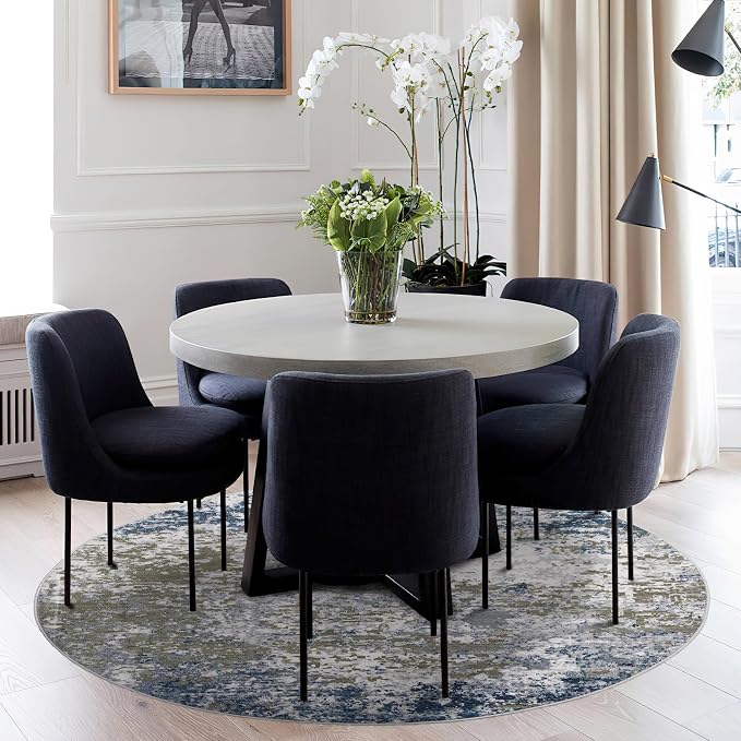 ROYHOME Modern Abstract 8x8 Round Area Rug Non Slip, Navy | Non Shedding Rug Low Pile Stain Resistant for Bedroom Living Room office Dining Room