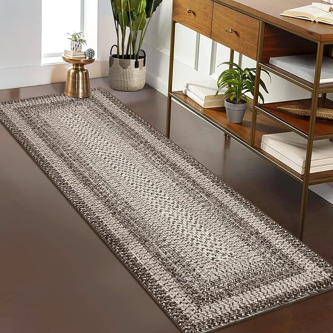 RUGSREAL Washable 2x10 Runner Rug for Hallway Kitchen Modern Runner Rugs | Long Runner Throw Carpet with Rubber Backing, Stain Resistant Braided Printed Entryway Carpet for Bedroom Living Room, Mocha