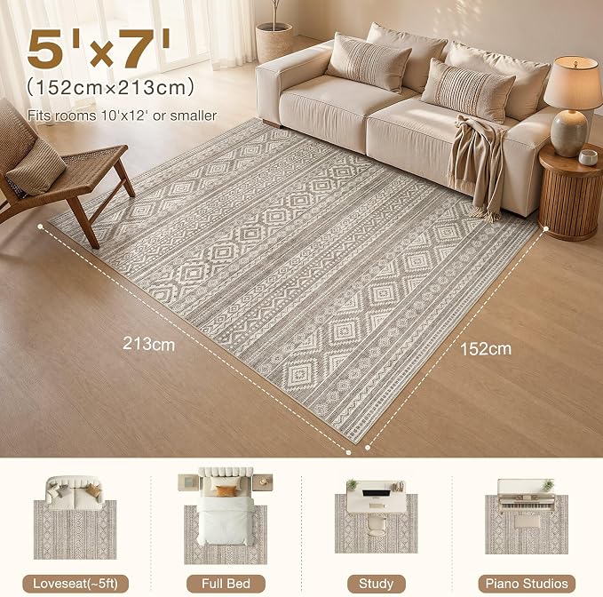 cotiled Boho 5x7 Area Rugs for Living Room: Soft Moroccan Washable Rug | Solve Modern Neutral Trendy Home Decor - Stain Resistan Indoor Carpet for Bedroom Dining Room Coffee Brown