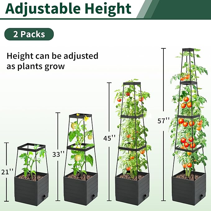 Tomato Planter with Trellis, 57 Inch Self-Watering Planter Box 2-Pack, Grey Planter with Metal Support for Outdoor Indoor Climbing Plants