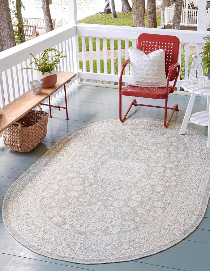 Unique Loom Outdoor Aztec Collection Area Rug - Chalca (7' 10" x 10' Oval, Light Gray/ Ivory)