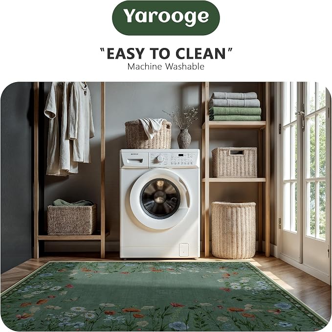 5x7 Area Rugs, Rug for Bedroom, Indoor Non-Slip Washable Rugs for Living Room, Dining Room, Low Pile Home Decor Floral Rug(Green)