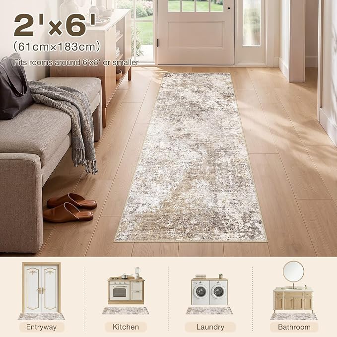 Nakagishi 2x6 Abstract Washable Area Rugs for Entryway-Golden Brown | Modern Non-Slip Silicone Backing Low Pile Soft Carpet for Bedroom Dining Decor for Families with Kids and Pets