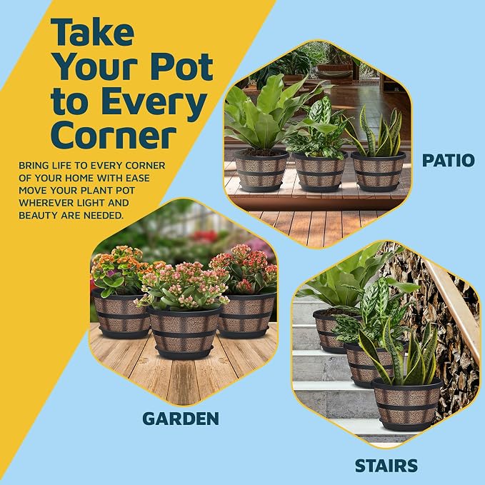 10-Inch Whiskey Barrel Planters Outdoor Pack of 3, Plastic Decoration Plant Pots for Indoor & Outdoor Use with Drainage & Saucer, Rustic Garden Planters for Flowers, Small Plants & Herbs