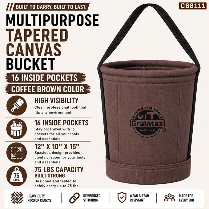 Graintex Canvas Utility Bucket 12"x10"x15". Tapered Tool Bucket, Reinforced Base & Carry Handle, Ripstop Canvas, Multi-Purpose Bag for Jobsite, Gardening, Home Use - Coffee Brown