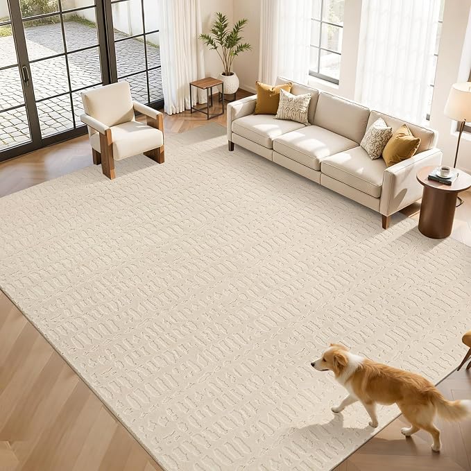 Yamaziot Washable 9x12 Area Rugs for Living Room Textured Non Slip, Beige | Modern High-Low Geometric Pattern, Soft Fluffy, Neutral, Minimalist Floor Carpet for Bedroom Dining Room Nursery Kids Room