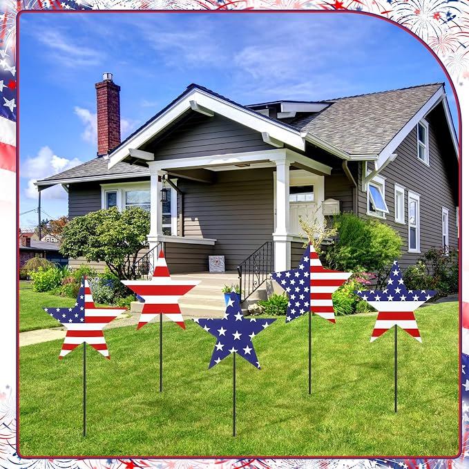 5 Pcs Patriotic 4th of July Outdoor Decorations Independence Day Metal Yard Signs with Stake American Flag Red White Blue Star 250 Anniversary Lawn Signs for 4th of July Garden Party Decor