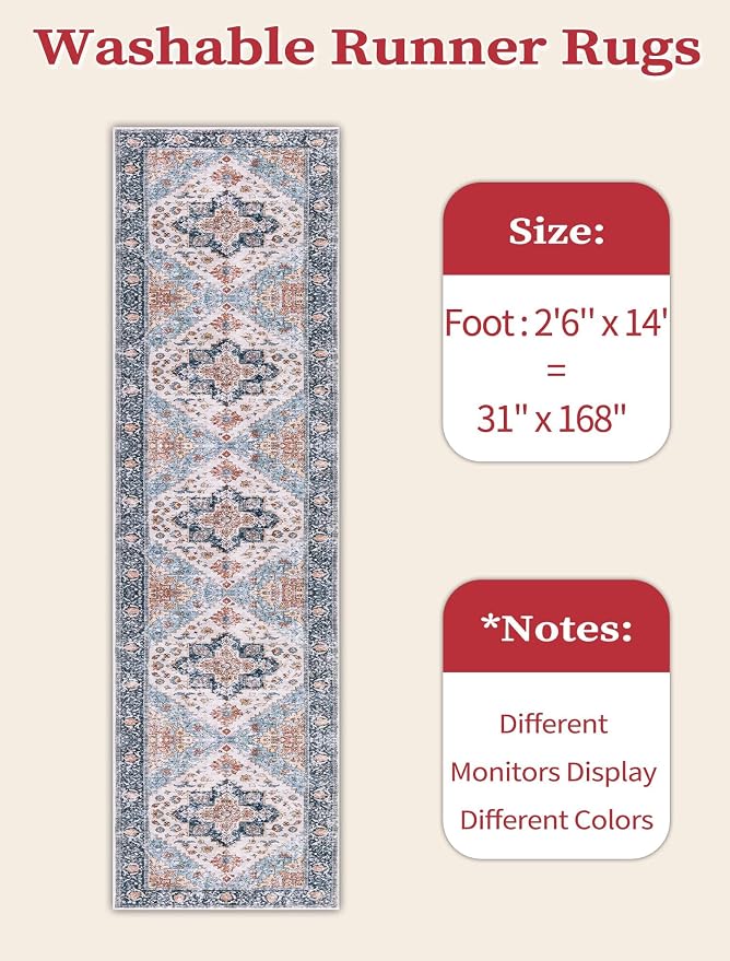 SERISSA 2'6"x14' Washable Non Slip Boho Runner Rug for Hallway，Blue Orange | Ultra Soft Vintage Oriental Carpet Low-Pile Tribal Floor Carpet for Kitchen Bedroom Entryway Bathroom Laundry Room