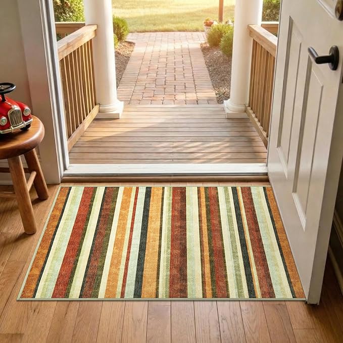 jinchan 2x3 Striped Rug for Entryway Washable Kitchen Rug, Caramel Dusk | Non-Slip, Thin, Lightweight, for High-Traffic, Decor Carpet, Modern, Small, Doormat, Indoor Entrance, Laundry Room, Bathroom