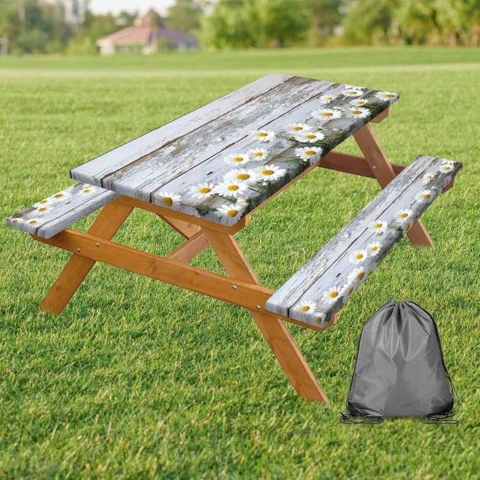 Picnic Table Cover with Bench Cover, Outdoor Patio Camping Essentials Farmhouse Daisy Wooden Table Covers with Elastic Waterproof Camping Tablecloth with Drawstring Bag, 96In 3PCS