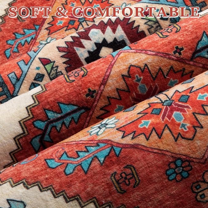 SERISSA 9x12 Washable Non Slip Boho Area Rug for Living Room，Orange | Ultra Soft Vintage Oriental Carpet Low-Pile Distressed Tribal Throw Carpet for Dining Room Bedroom Dorm Office Home Decor