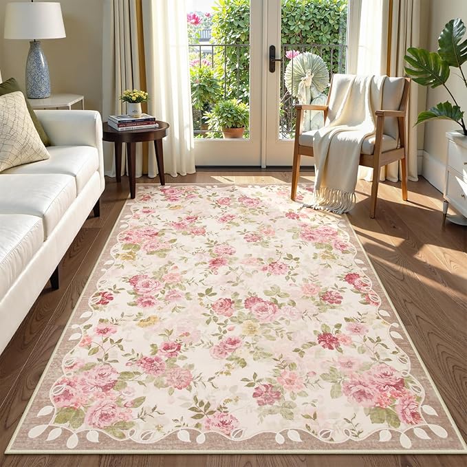 Lahome Floral Washable 3x5 Rug, Small Girls Rugs for Bedroom Soft Non-Slip,Entry Way Rugs Indoor Low Pile Carpet for Nursery Kids Playroom Nina Beige/Pink/Multi