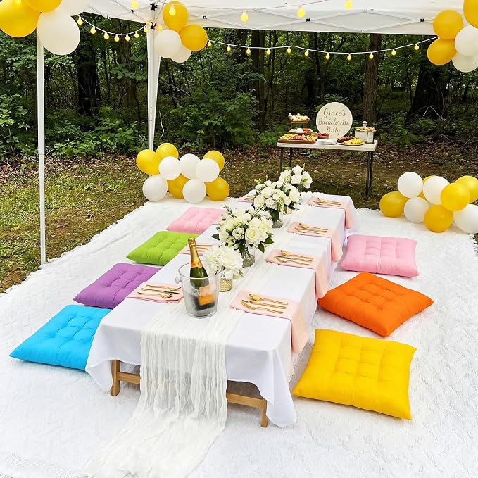8 Pcs Fit for 6 People 91 x 71'' Extra Large Outdoor Picnic Blanket with Bright Table Runner and Floor Pillow Cushion Fit for 6 People Picnic Wedding Birthday Baby Shower Backyard Decor