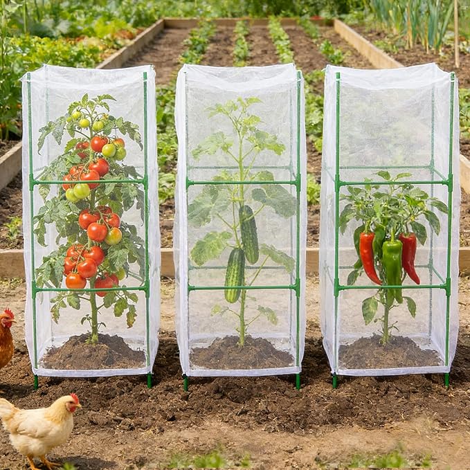 3 Pcs Garden Bird Netting Plant Cover for Square Tomato Cage, 55"×19.7" Garden Bird Tomato Cage Covers with Zipper & Drawstring for Vertical Climbing Plants, Vegetable and Flowers (No Cage)