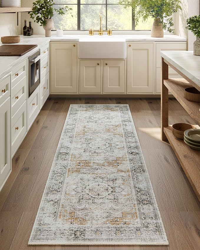Washable Runner Rug Non Slip: 2'6"x8' Kitchen Rug Runners Low Pile Soft Faux Wool Boho Distressed Floor Rug Non Shedding Carpet Runners for Hallways Entryway Bedroom Living Room Farmhouse Indoor