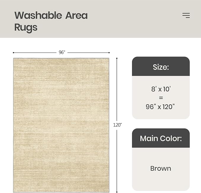 Valenrug 8x10 Area Rugs for Living Room, Large Washable Rug Non Slip, Tan | Soft Low Pile, Thin & Lighweight Carpet, Folable Stain Resistant Modern Indoor Floor Mat for Bedroom, Dining Room, Home Decor