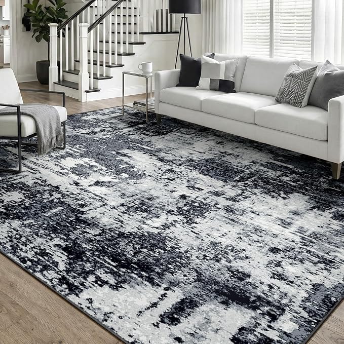 RELEANY Washable 5'x7' Abstract Area Rug for Living Room Black White | Carpet for Bedroom, Kitchen, Office, Hallway and Entryway, Printed Pattern, Non‑Slip, Soft, Stain‑Resistant, Easy to Clean