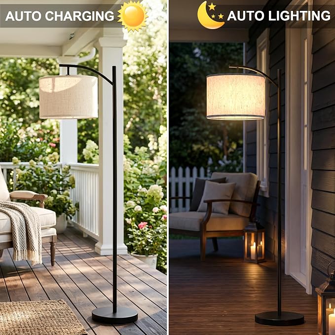 Candieslife Solar Outdoor Floor Lamp for Patio, Cordless Arc Standing Lamp with Heavy Base & Weatherproof Shade, Waterproof Solar Powered Light for Deck, Porch, Garden, Balcony Decor