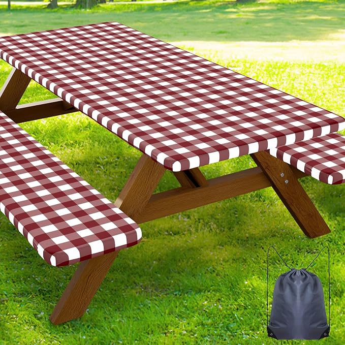 Smiry Picnic Table Cover with Bench Covers, Waterproof Elastic Fitted Tablecloths for 6 Foot Rectangle Tables, Washable Buffalo Plaid Tablecloth for Camping, Outdoor (Burgundy & White, 30"x72")