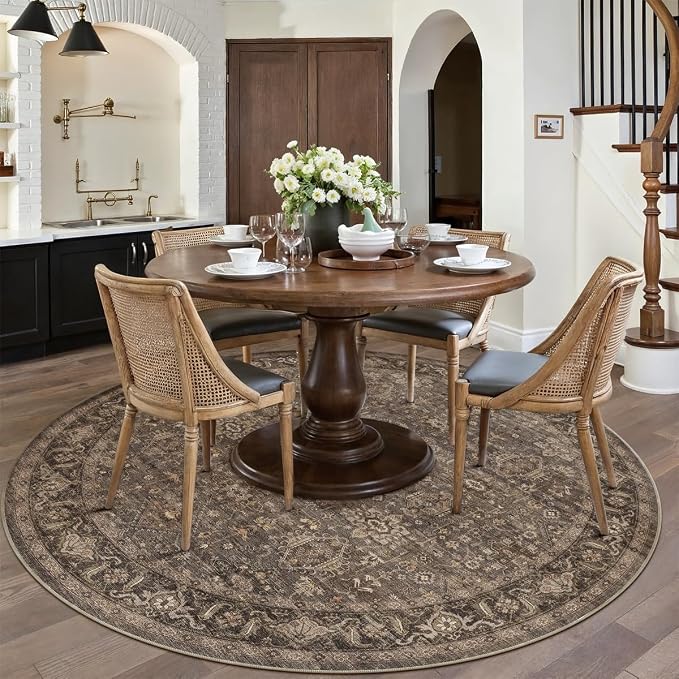 8x8 Dark Brown Vintage Round Rug | Washable, Non Slip, Soft Low Pile, Traditional Farmhouse, for Dining Room Living Room Bedroom Entryway Indoor