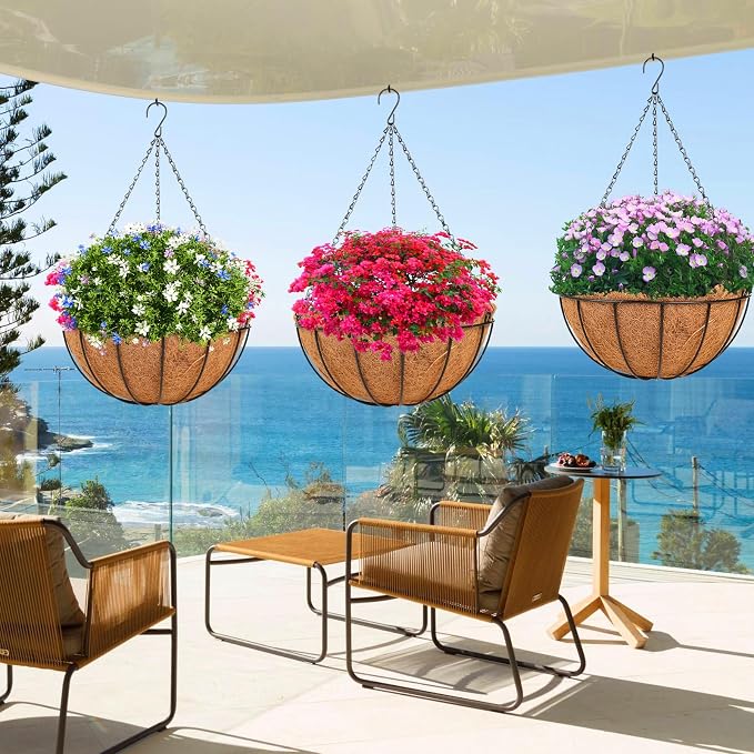 HKZ Hanging Basket Planter Plants Outdoor - 2 Pack 12 Inch Metal Hanging Planter with Coco Liners, Chain Hook Hanging Flower Pots for Indoor Outdoor Garden Porch Decoration