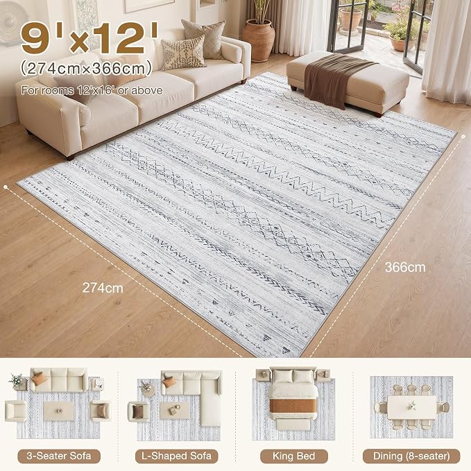 cotiled Boho 9x12 Area Rug for Living Room: Large Moroccan Washable Rug | Stain Resistan Carpet for Bedroom Farmhouse Dining Room Grey