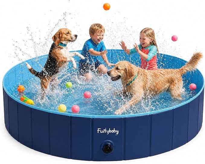 Furrybaby Foldable Dog Pool Non-Slip Hard Bath Tub Indoor Outdoor Pets Kids | Collapsible rigid dog pool with non-slip PVC, durable hard plastic tub, portable indoor & outdoor use for pets and kids, navy