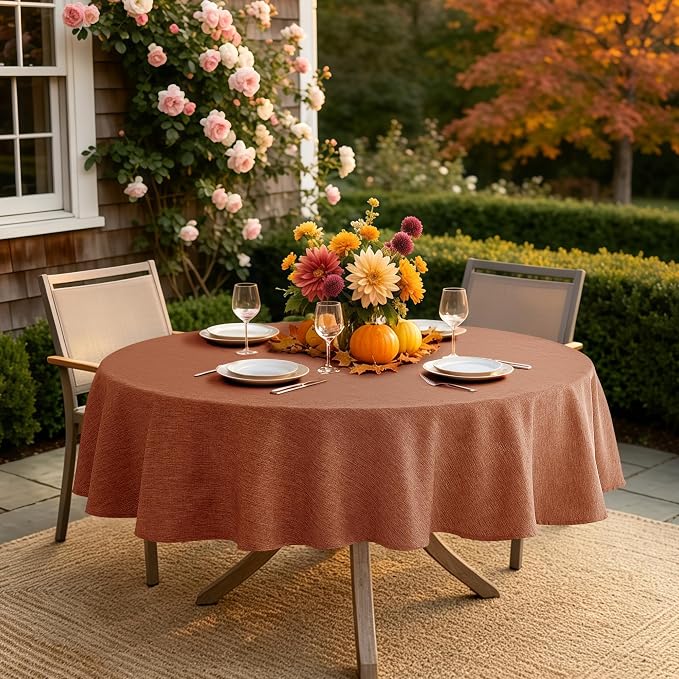 Decorelia Fall Farmhouse Round Table Cloth for Indoor/Outdoor, Harvest Thanksgiving Faux Linen Washable Tablecloth Cover for Party Dining & Kitchen Table Decor (60 Inch,Round (2-4 Seats),Burnt Orange)