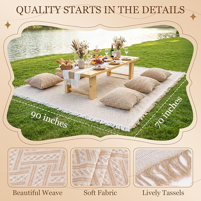 Extra Large Outdoor Rug Boho Picnic Blanket with Low Table Runner and 6 Throw Pillows Covers Set Wedding Party Decoration Photoshoot Home Garden Party Decor Patio Lawn Mat Beach Party theme Supplies