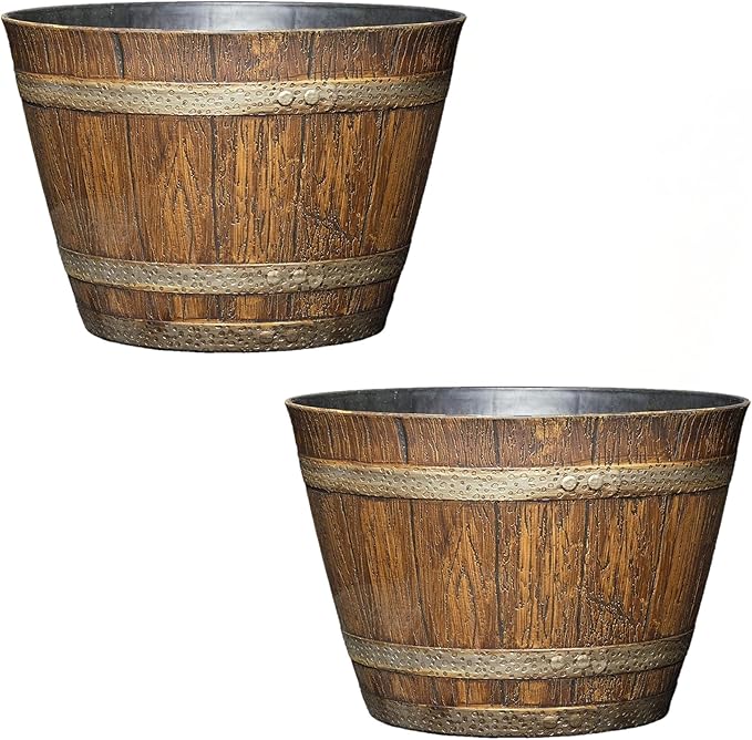 Classic Home and Garden Whiskey Plastic Resin Flower Pot Barrel Planter, Oak Brown, 9" (Pack of 2)