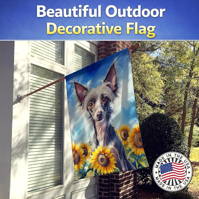 Caroline's Treasures DAC6053CHF Chinese Crested in Sunflowers House Flag Large Porch Sleeve Pole Decorative Outside Yard Banner Artwork Wall Hanging, Polyester, House Size, Multicolor