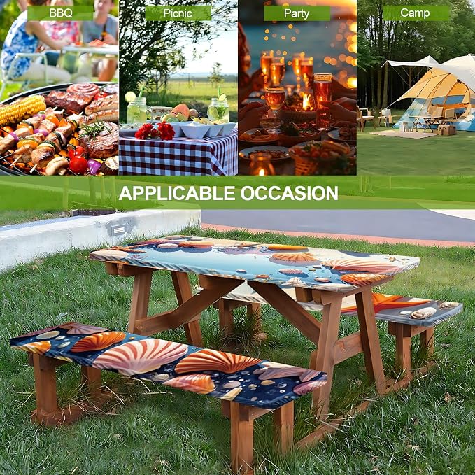 Coastal Picnic Table Cover with Bench Covers Set of 3 - Ocean Theme with Starfish & Shells Print, Elastic Fitted Tablecloth for 6 Ft Tables, Washable Polyester Cover for Patio, Indoor & Outdoor
