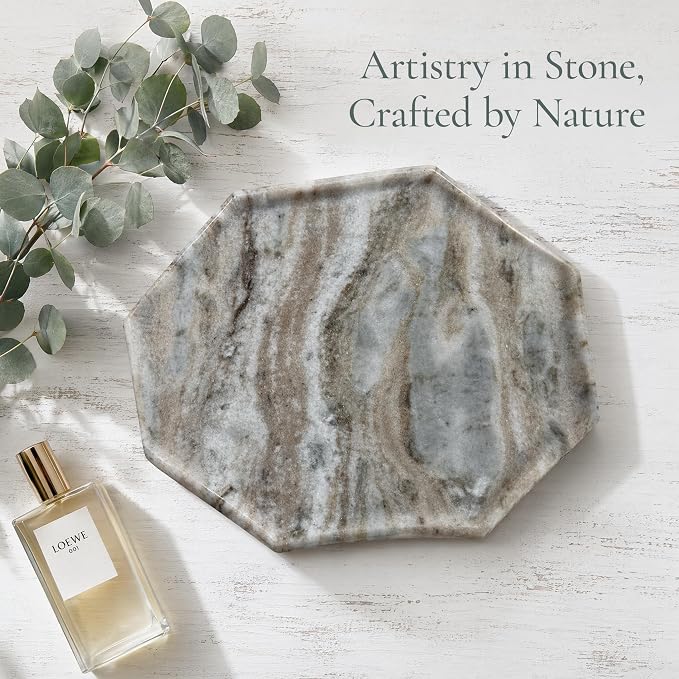 Real Natural Marble Octagon Tray 10.2in Solid Stone Decorative Plate | Luxury Grey Marble Decor Tray for Candle, Jewelry, Plant. Food-Safe Solid Stone Serving Dish with Unique Veining