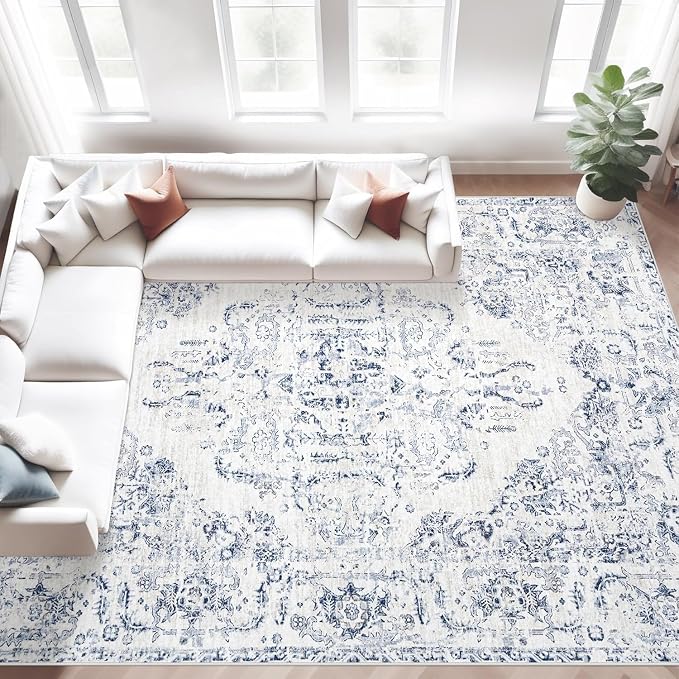9x12 Area Rugs for Living Room: Washable Rug Vintage Large Rugs Soft Non Slip Low Pile Rug Floral Distressed Floor Carpet for Bedroom Dining Room Home Office (Blue,9'x12')