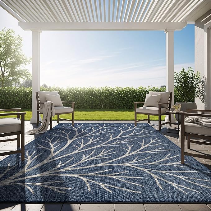 Washable Indoor Outdoor Rug 5x7 Modern Area Rugs Branch Pattern Non Shedding Waterproof Easy Clean Patio Deck Porch Living Room Bedroom Garden RV (5 X 7 Blue)