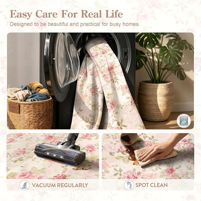 Lahome Pink Floral Bathroom Rug 2x3, Low Pile Ultra-Thin Bath Mat | Pet Friendly, Easy To Clean Non Slip Carpet For Bathroom Vanity, Bedside And Cottage Decor