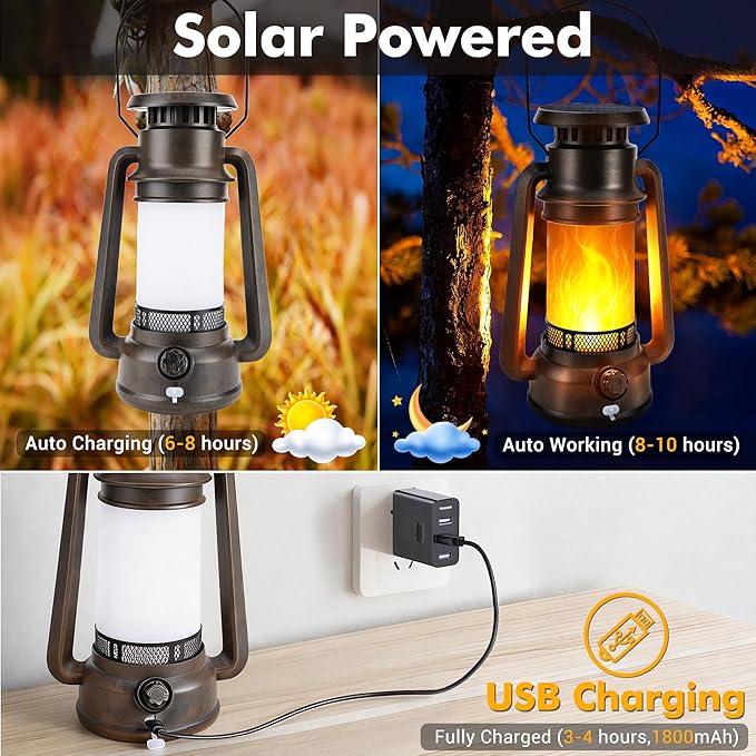 Toodour Solar Lantern Outdoor Lights, 2 Pack Vintage Solar Camping Lantern with 2 Modes, Dual Charging Solar/USB Waterproof Hanging Solar Light for Camping Patio Garden Yard Porch Outdoor Indoor Decor