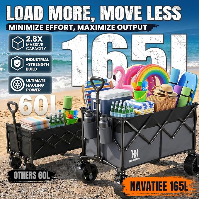 Navatiee 330Lbs Collapsible Folding Wagon, Beach Wagon Cart Heavy Duty Foldable with Big Wheels, Utility Grocery Wagon with 165L Large Capacity for Camping Garden Sports, Gray