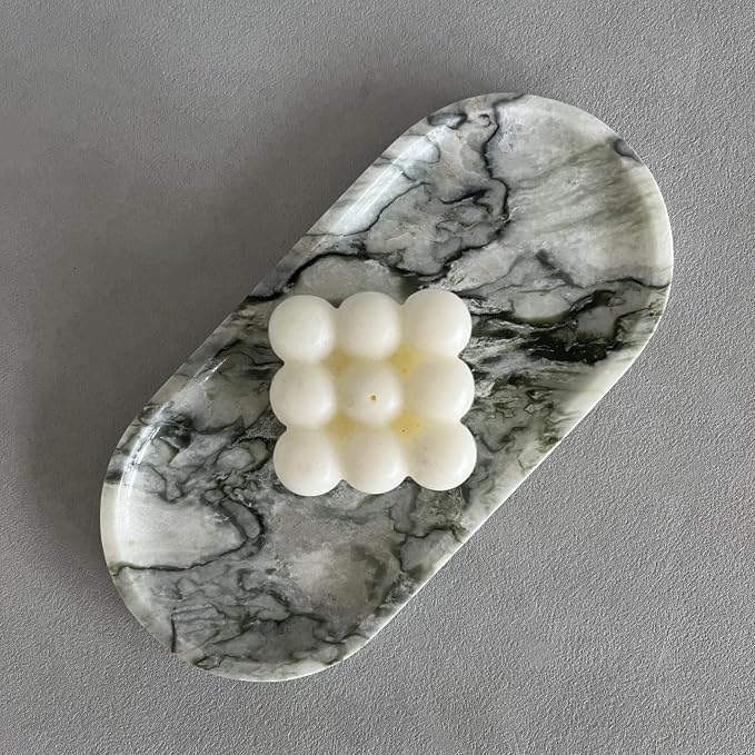 Natural Marble Oval Tray Ornaments Vintage Small Tray Storage Dish for Counter, Vanity, Dresser, Nightstand and Desk (Green Emerald)