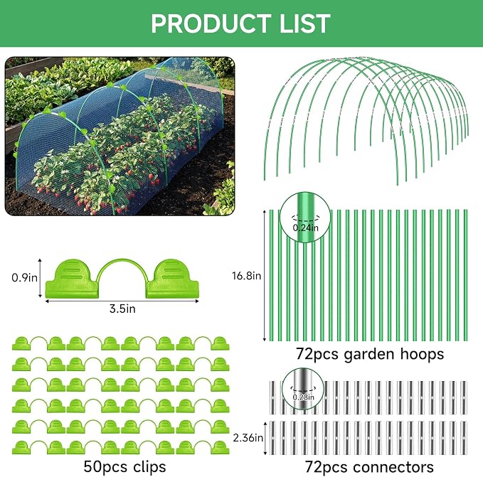 72 Pcs Garden Hoops for Raised beds, 12 Sets of 8 FT Rust-Free Fiberglass Support Greenhouse Hoops Grow Tunnel for Garden Netting Plant Shade Cloth Row Cover DIY Plant Support Garden Stakes