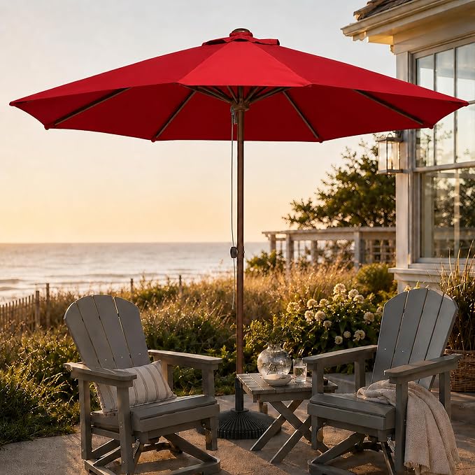 9FT Patio Umbrella, Outdoor Table Umbrella with Rope Pulley Lift, 3 Adjustable Heights, Market Umbrellas for Backyard, Pool and Deck, UPF50+