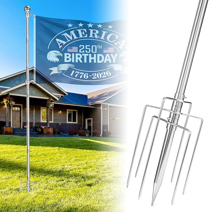 304 Stainless Steel 8FT In Ground Flag Pole with 7 Prongs Base, Heavy Duty Extra Thick Camper Flag Pole, 1 Inch Inground Flag Pole for Outside House, Yard, Garden (Silver-8FT)