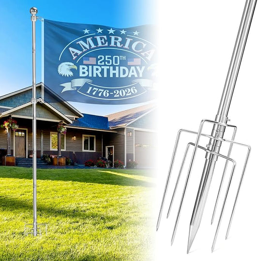 304 Stainless Steel 8FT In Ground Flag Pole with 7 Prongs Base, Heavy Duty Extra Thick Camper Flag Pole, 1 Inch Inground Flag Pole for Outside House, Yard, Garden (Silver-8FT)