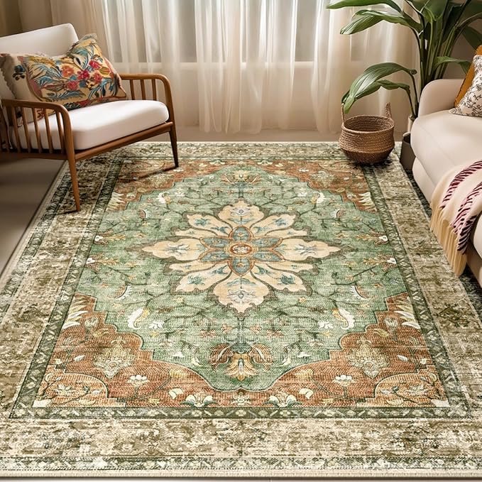 RELEANY Washable Area Rug, 5'x7', Brick/Brown/Green | Non-Slip, Water Repellent, Pet Friendly, Easy to Clean, Vintage Floral Boho Decor for Living Room Bedroom Dining Room Office