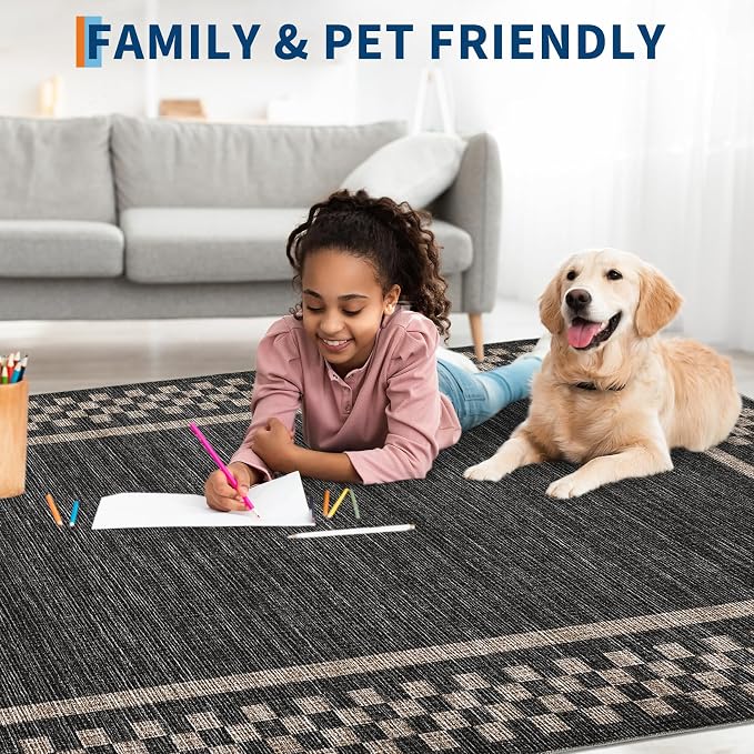 GarveeHome 4x6 Rug Small Washable Living Room Rug Modern Bordered Area Rugs | with Rubber Backing Soft Non Slip Low Pile Dining Room Throw Carpet Checkered Geometric Mats for Bedroom Kitchen, Black