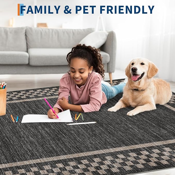 GarveeHome Modern Bordered 9x12 Washable Area Rugs for Living Room Bedroom | Soft Stain Resistant Large Bedroom Throw Carpet Non Slip Checkered Geometric Rugs for Dining Room Home Decor Office, Black