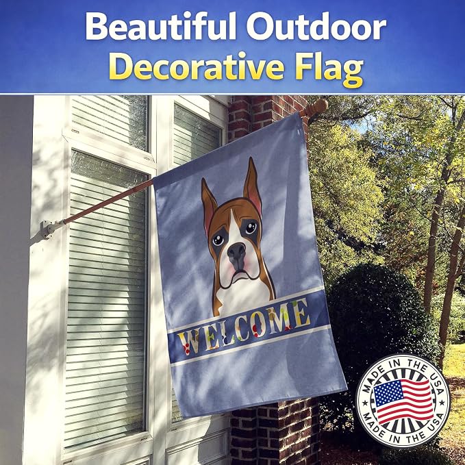 Caroline's Treasures BB1409CHF Boxer Welcome House Flag, Blue Large Porch Sleeve Pole Decorative Outside Yard Banner Artwork Wall Hanging, Polyester, House Size, Multicolor