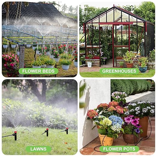 260FT Drip Irrigation System for Garden with 20 Nozzles & Emitters, Garden Watering System with 1/2" & 1/4" Tube and Barbed Fittings - Adjustable Sprinklers Kit for Greenhouse,Lawn,Pond De-Icer